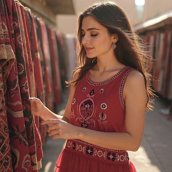 Coco + Jaimeson Embroidered Red Sheer Sleeveless Tank Top Electric Traveler - Picture 1 of 14